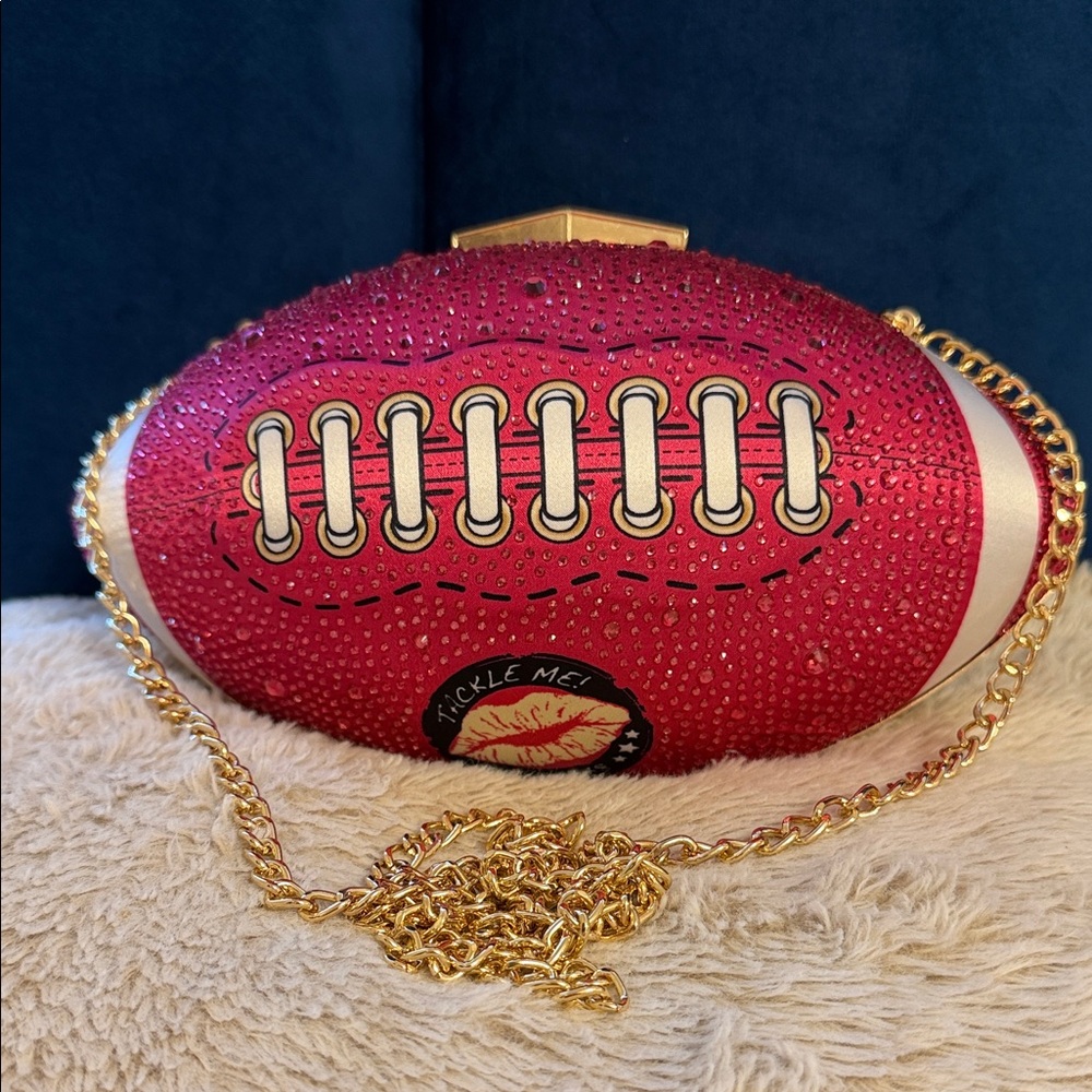 Betsey Johnson Pink Football Clutch Purse with Gold Chain,Rhinestone Novelty Bag
